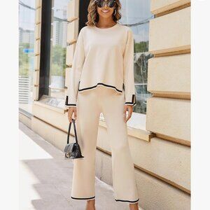 Women's 2 Piece Outfits Long Sleeve Knit Sweater Top Wide Leg Pants Lounge Sets